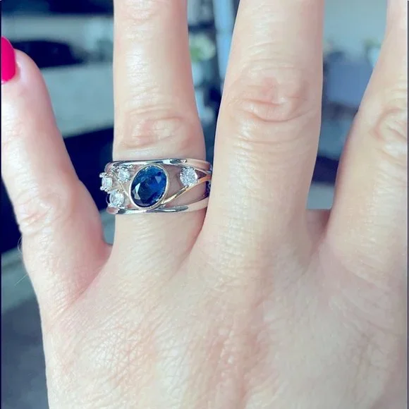 New Two Tone 925 Silver/18k Gold Blue Sapphire Diamond Ring - Picture 3 of 4